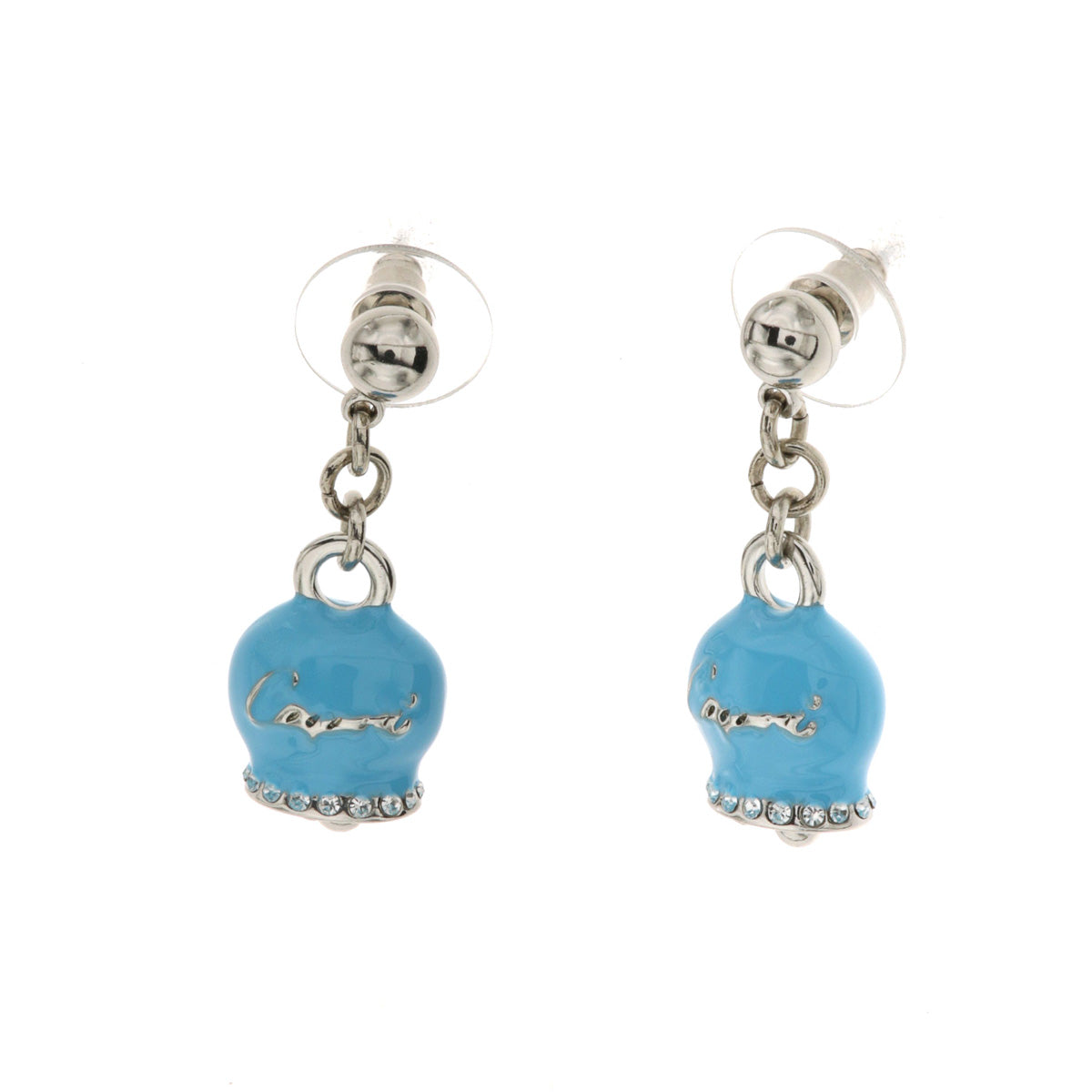 Metal earrings with bell Capri pendant in blue enamel, embellished with crystals