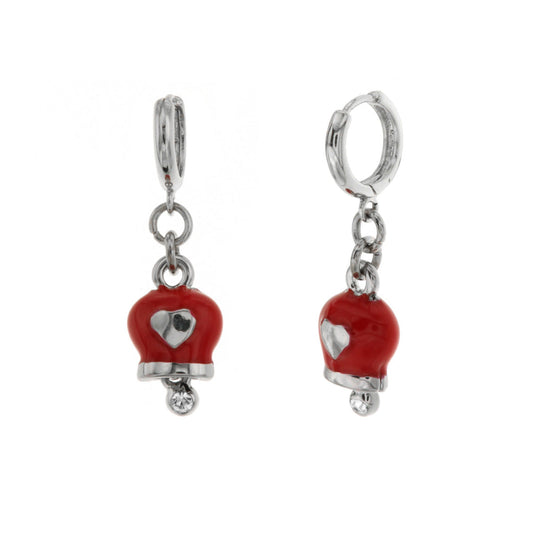 Metal earrings with shot closure and red lucky charming bell with heart and white crystals
