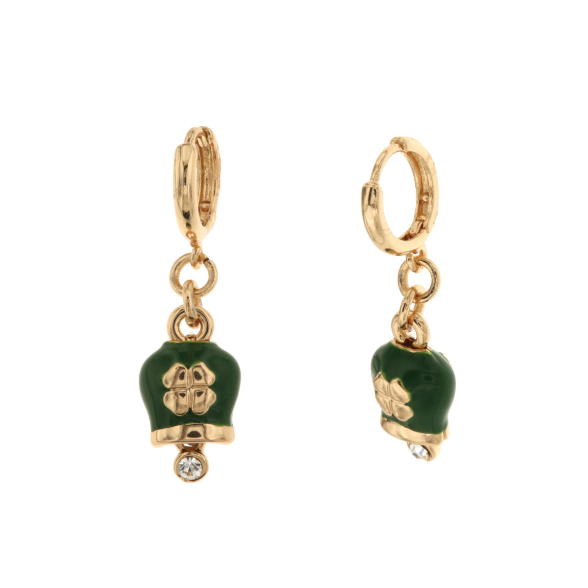 Circle metal earrings with green charms bell with pendant four -leaf clover