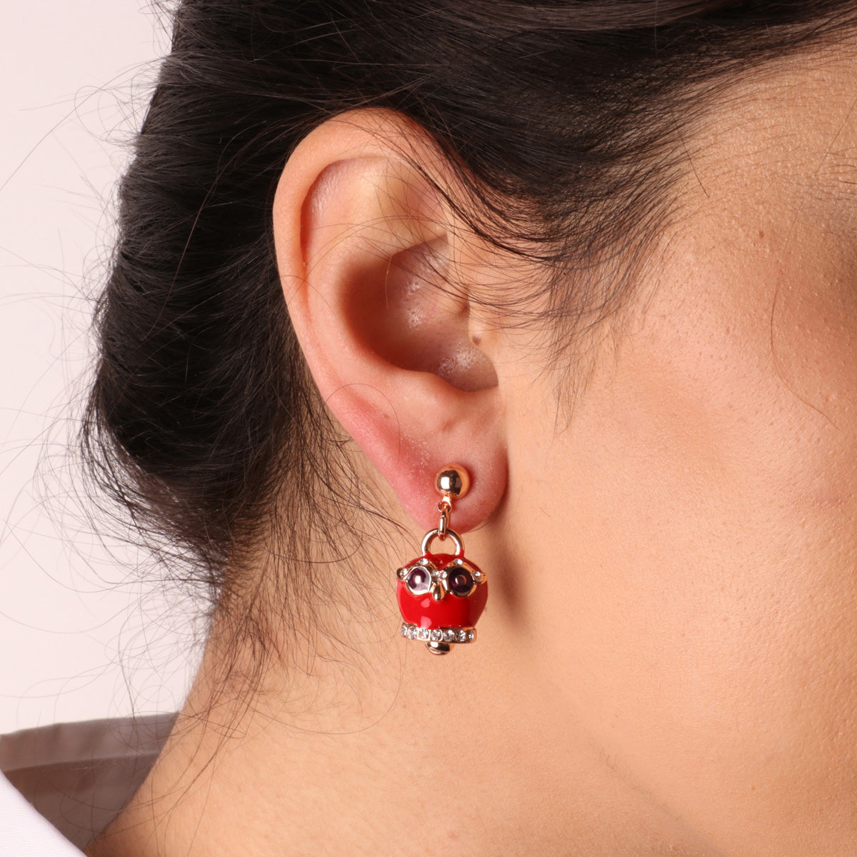 Metal earrings with owl charming bell, embellished with red enamel and crystals