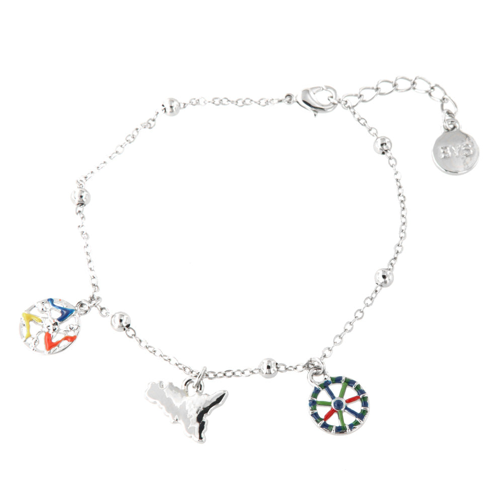 Metal anklet with Charms Sicily and cart wheel, embellished with colored glazes