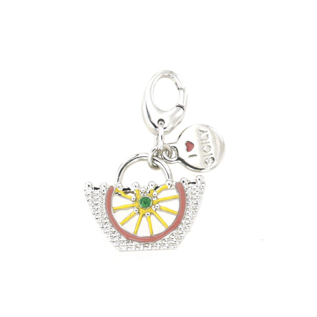 Metal pendant with Sicilian Coffa embellished with a drawing wheel wheel carriage in colored glazes
