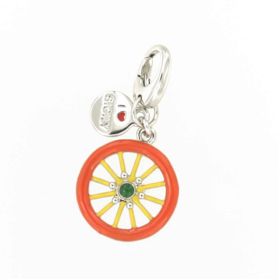 Metal pendant with a Sicilian cart wheel embellished with colored glazes