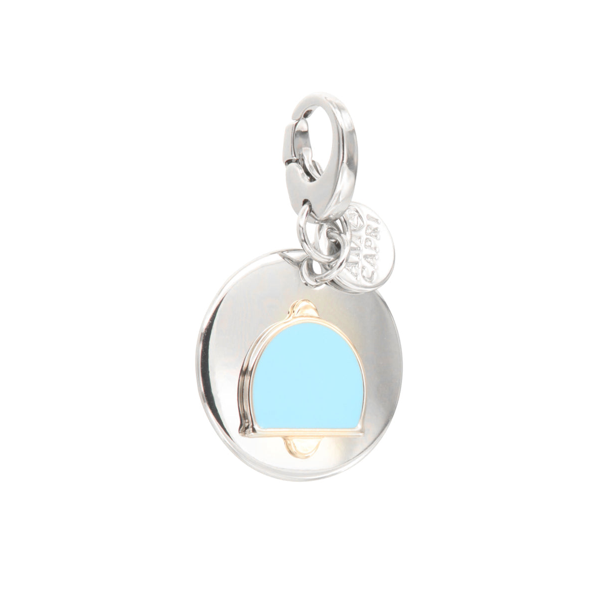 Metal pendant in medallion with turquoise enamel bell symbol