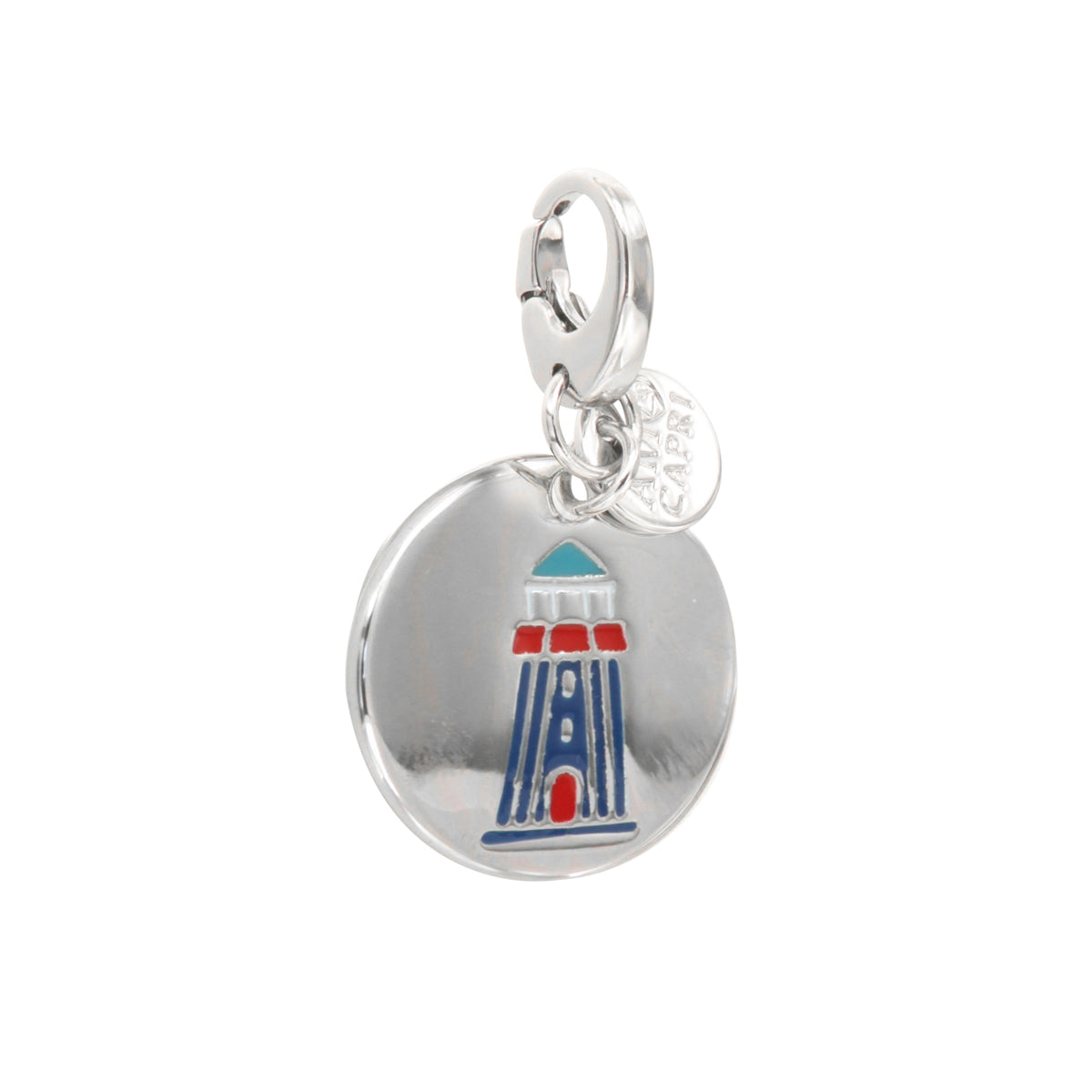 Metal pendant in medallion with lighthouse symbol, with colored glazes