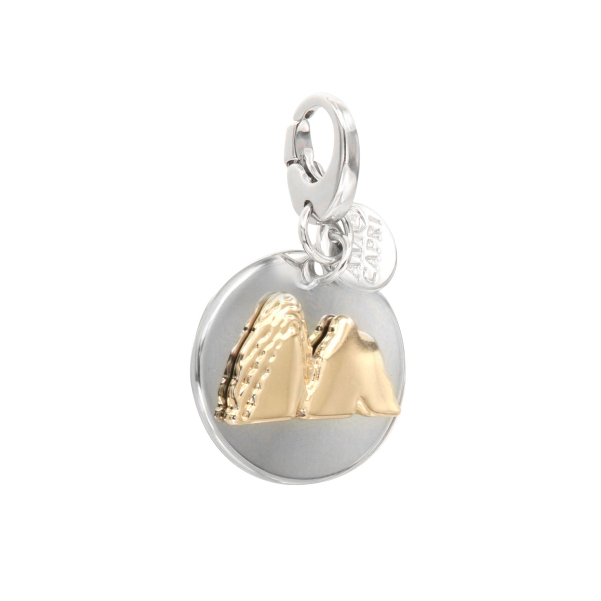 Metal pendant in medallion with golden faraglioni symbol, in relief