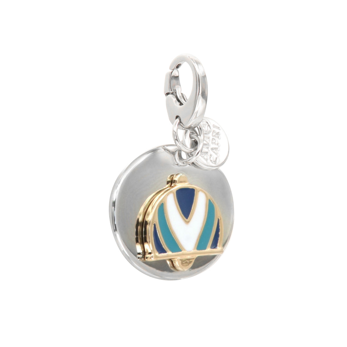 Metal pendant in medallion with a relief bell symbol, with colored glazes,