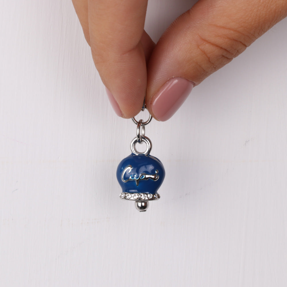 Metal pendant bell blue nail polish with white crystals