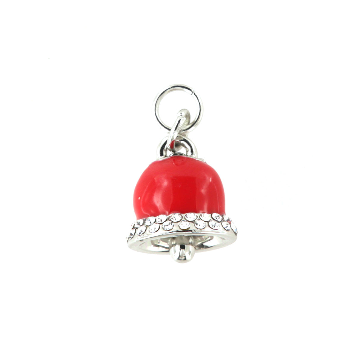 Metal pendant bell bell with red enamel holder, embellished with white crystals