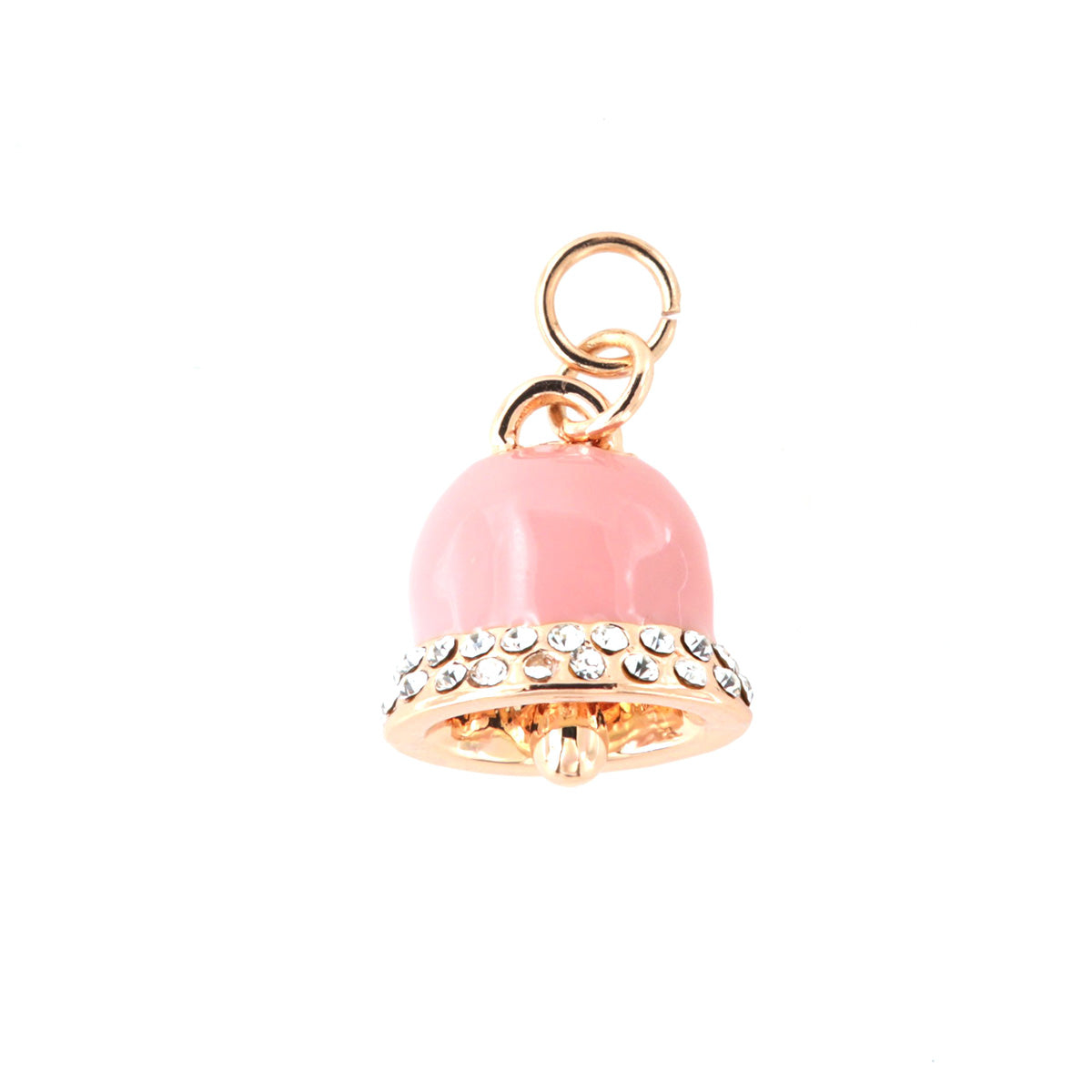 Metal pendant bell bell with pink enamel holder, embellished with white crystals