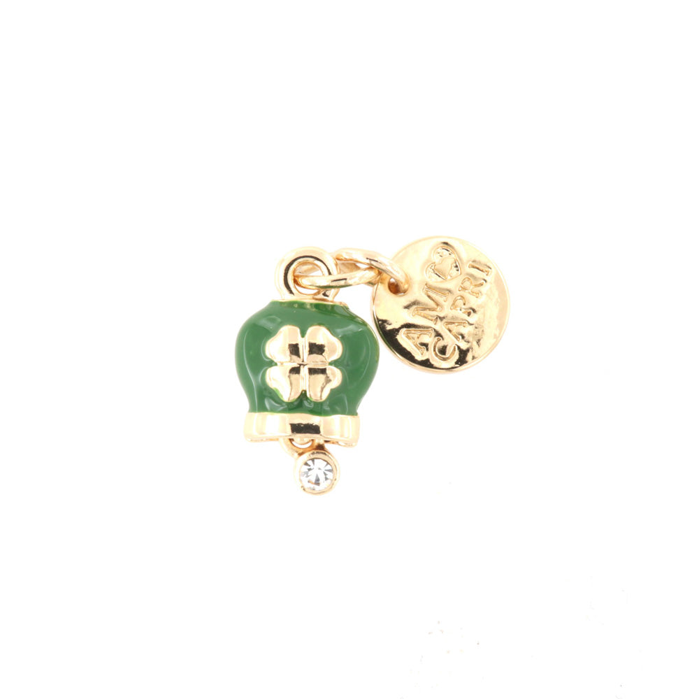 Metal pendant in the shape of a bell of the green glazed charm and four -leaf clover, embellished with crystall