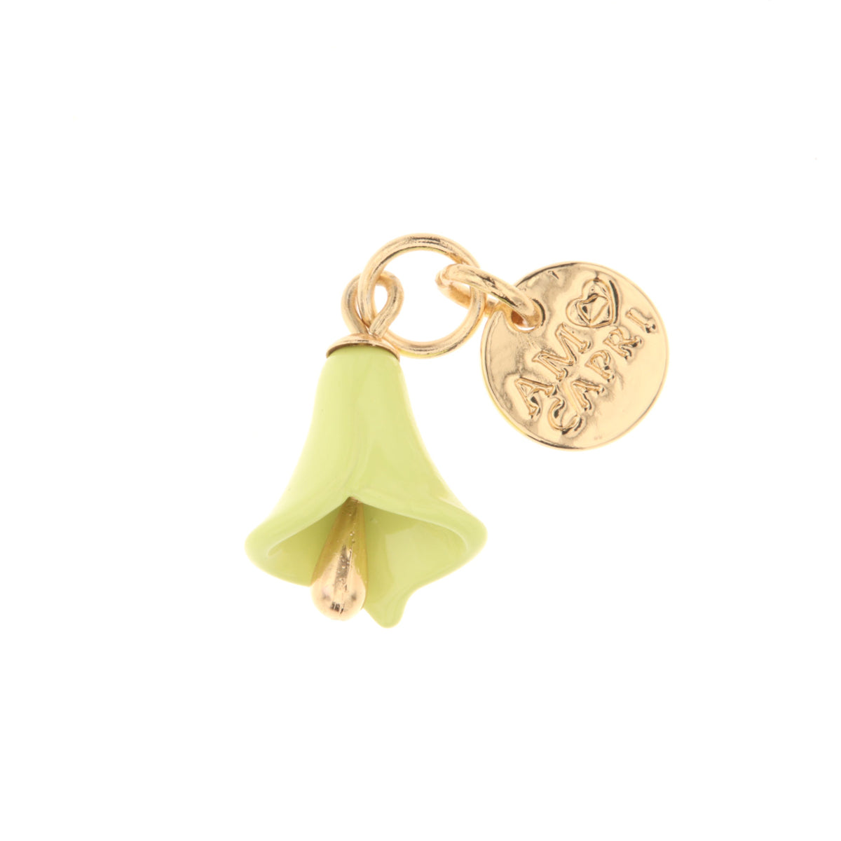 Metal pendant bell in the shape of a calla embellished with colored glazes