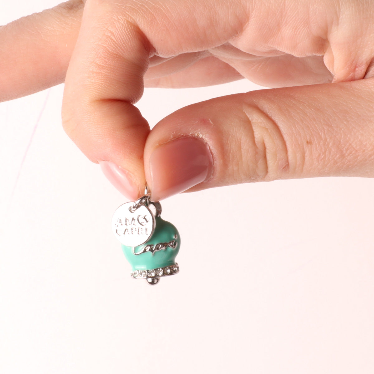 Metal pendant Campanella Campaper Capri with white crystals and marine green enamel