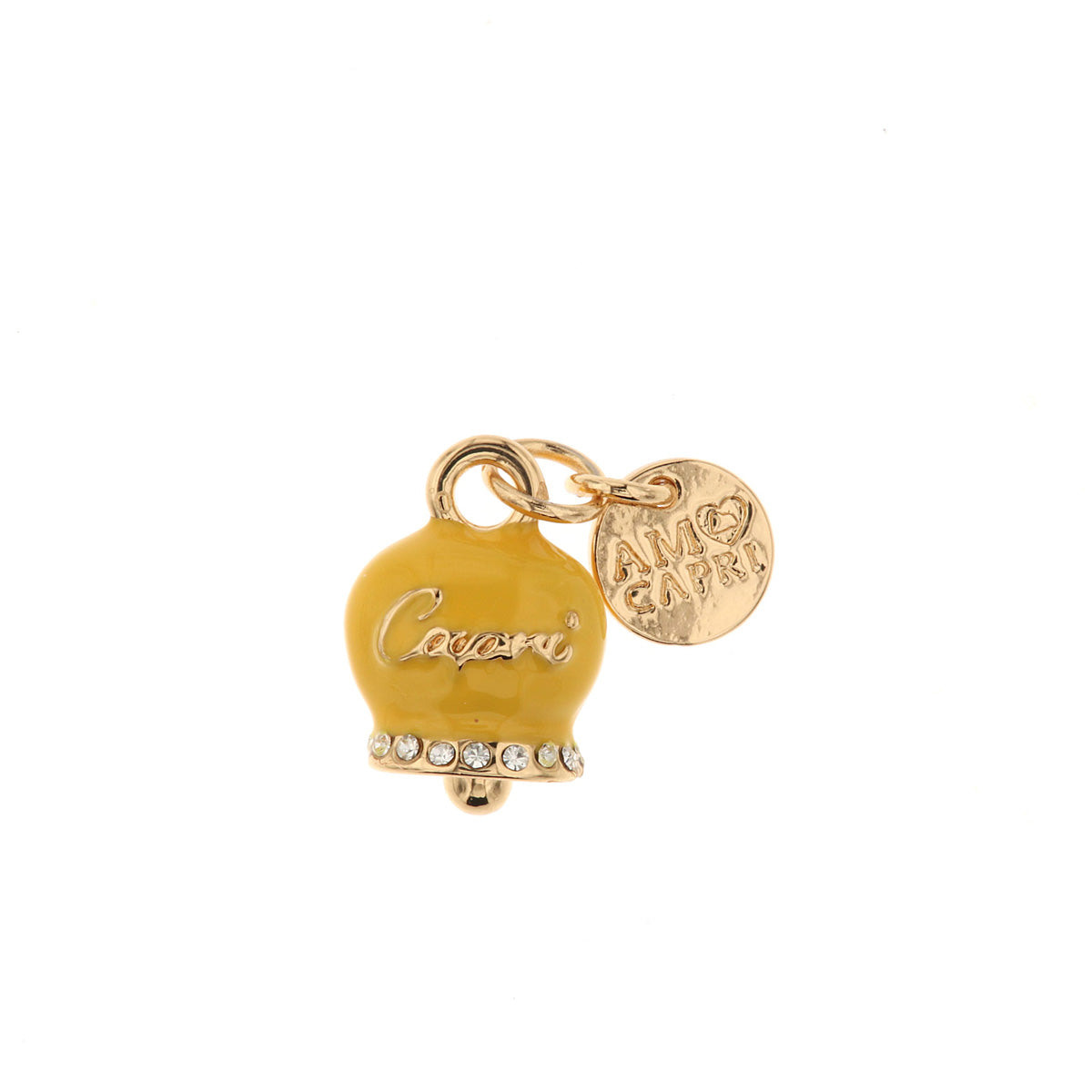 Metal pendant yellow lucky charming bell with capri and white crystals writing