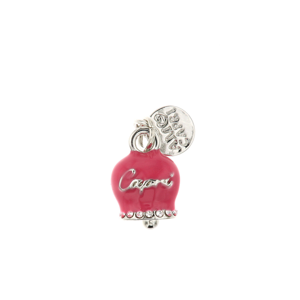 Metal pendant Fuchsia charming bell with capri and white crystals writing