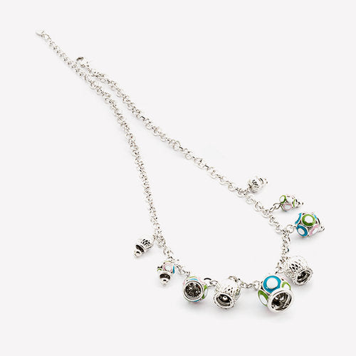 Metal necklace with colored pendants and white crystals
