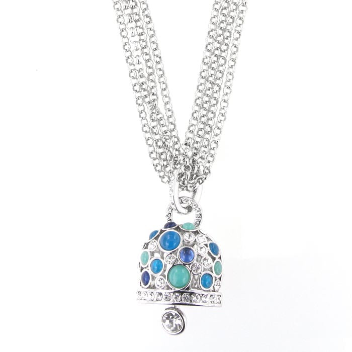 Metal necklace with pendant bell with white and blue crystals