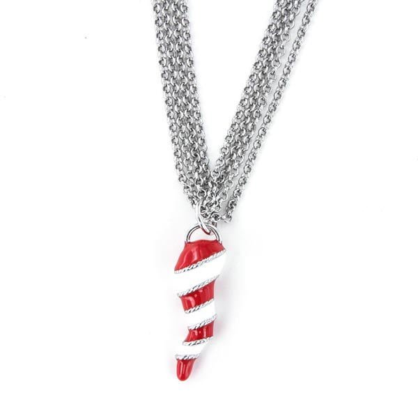 Multifile metal necklace with horn pending in white and red enamel