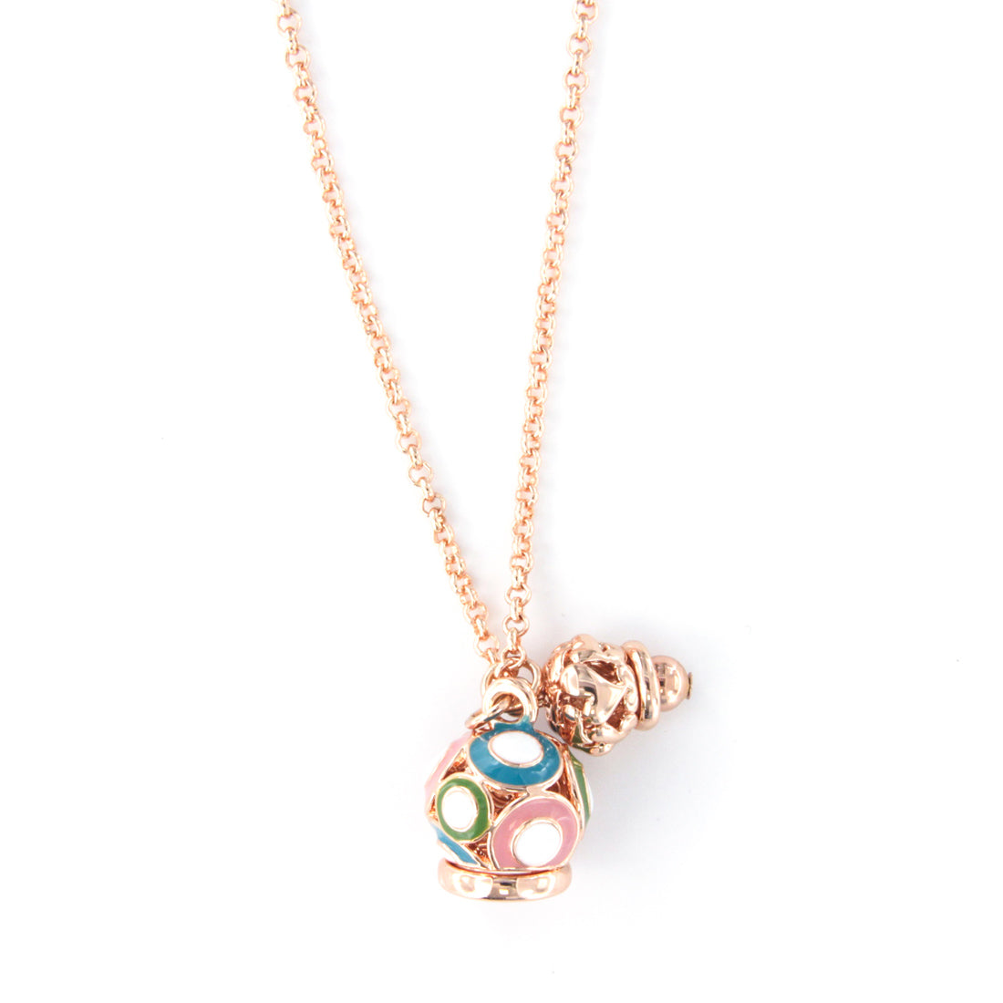 Metal necklace with bell embellished with colored enamels and small bell with hearts with hearts