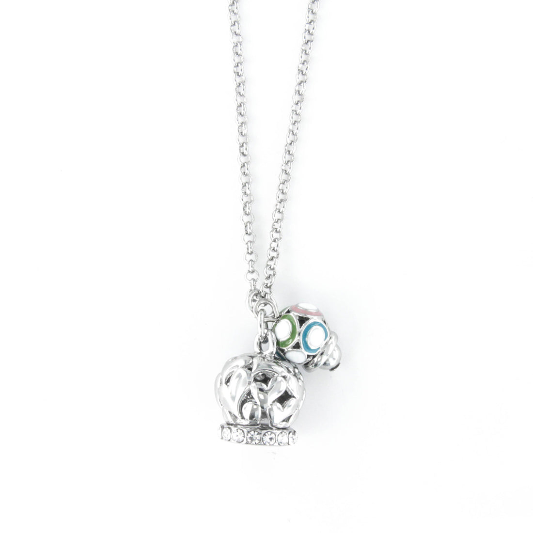 Metal necklace with bell from pierced bell with hearts with white crystals and small bell