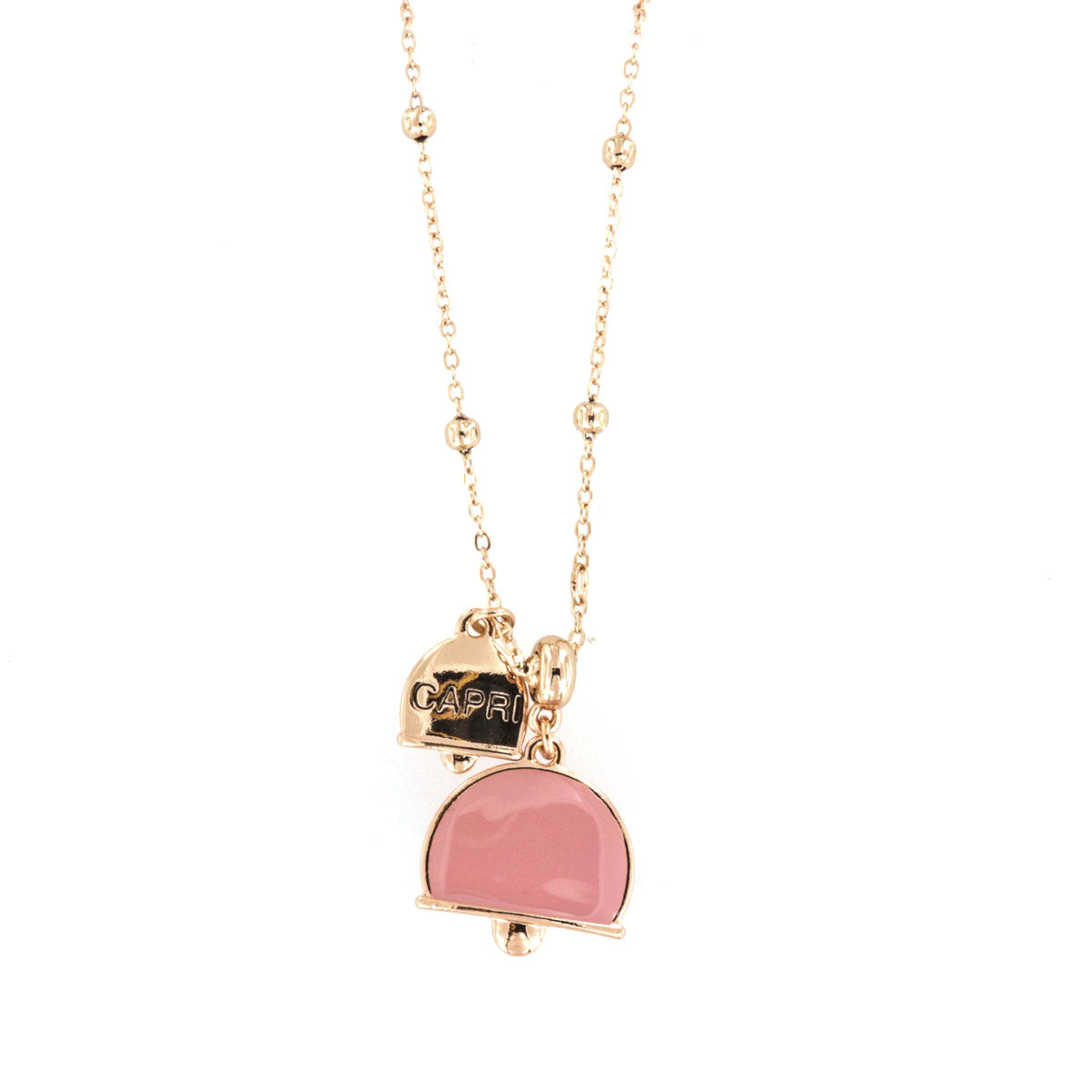 Metal necklace with double -crushed double charm, embellished with pink enamel