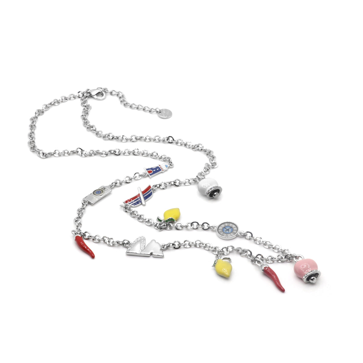 Metal necklace with charms inspired by the island of Capri, embellished with colored enamels and crystals