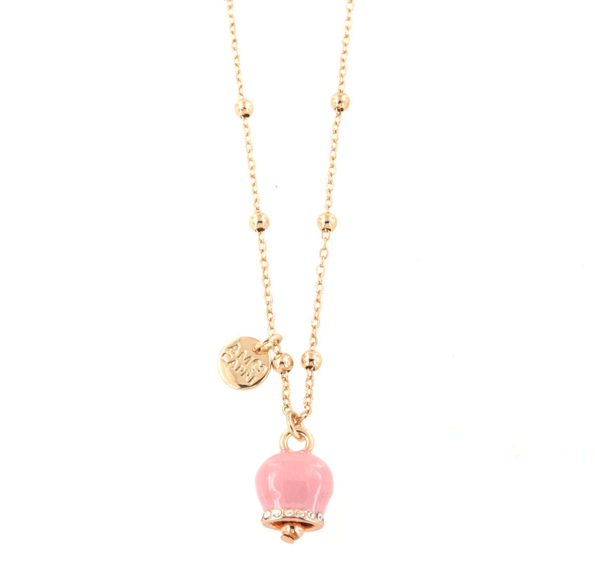 Metal necklace with pendant lucky charm, embellished with pink enamel and crystals