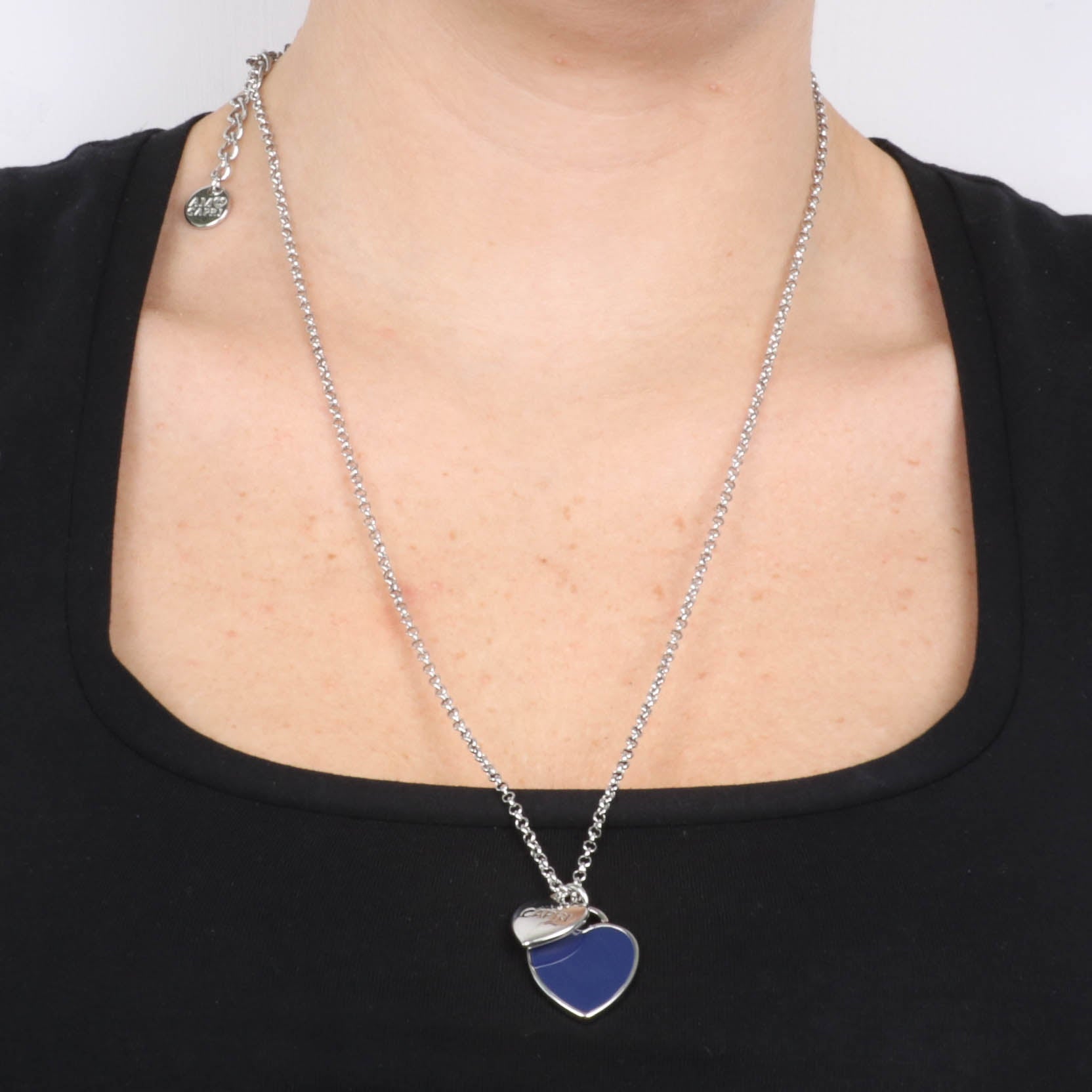 Metal necklace with heart pending blue enamel