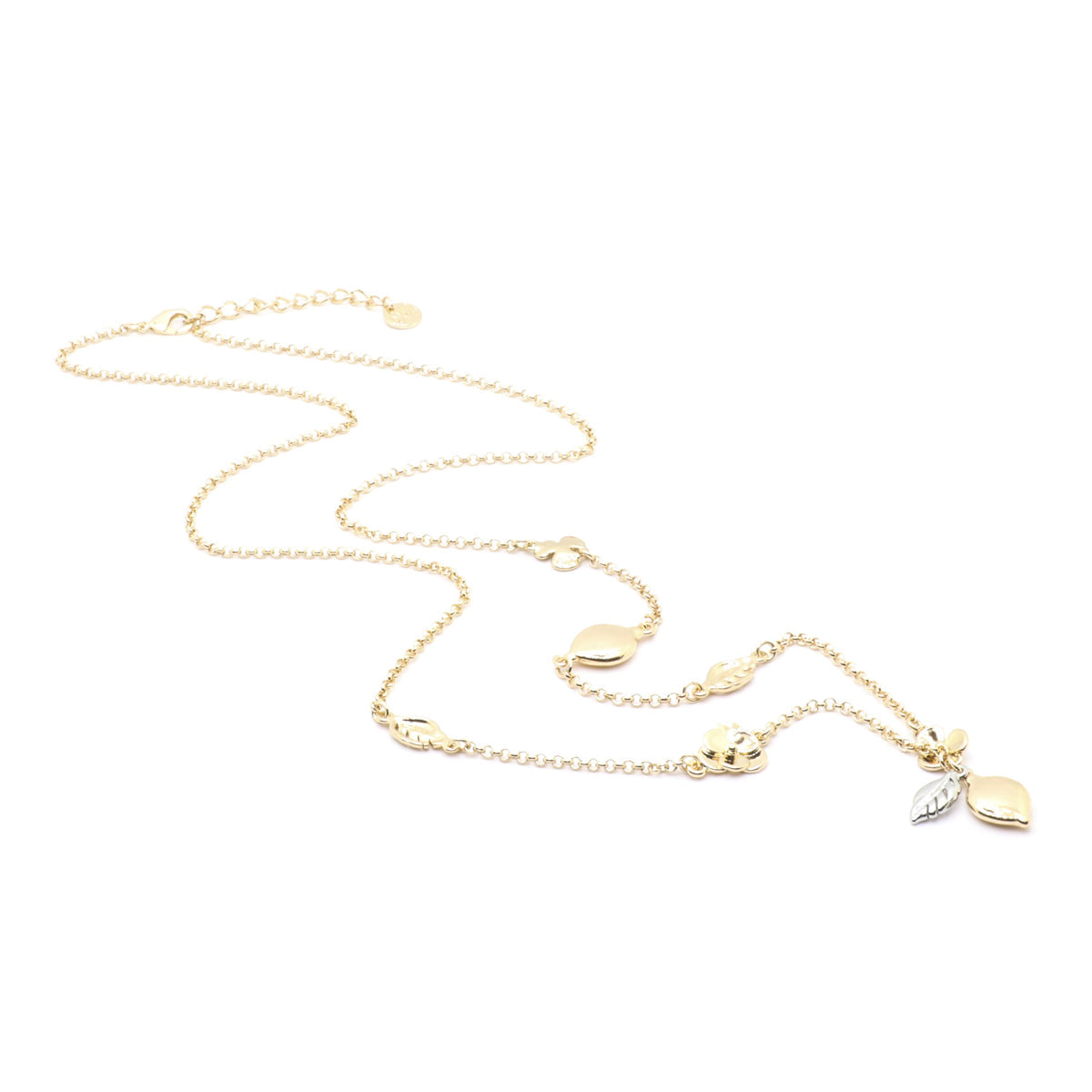 Long chain metal necklace, with lemon pendant with two -tone leaf
