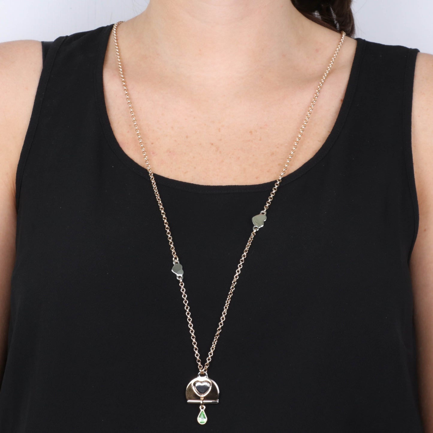 Long metal necklace with two -tone bell pendant