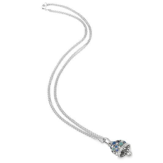 Bell metal necklace pendant with white and blue crystals