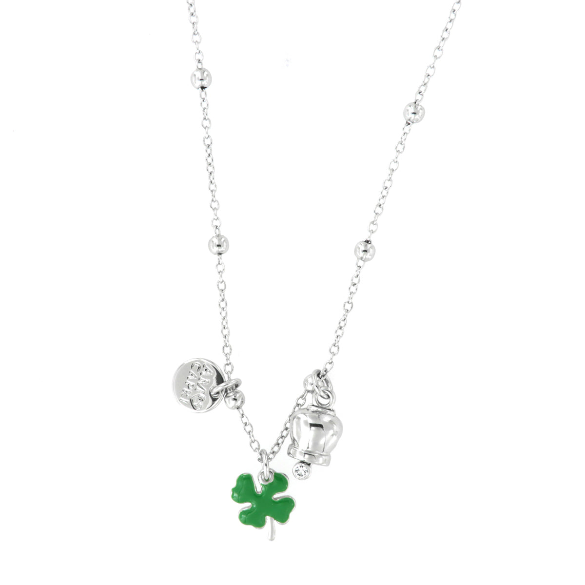 Metal necklace with four -leaf clover pending in green enamel and white bell pendant
