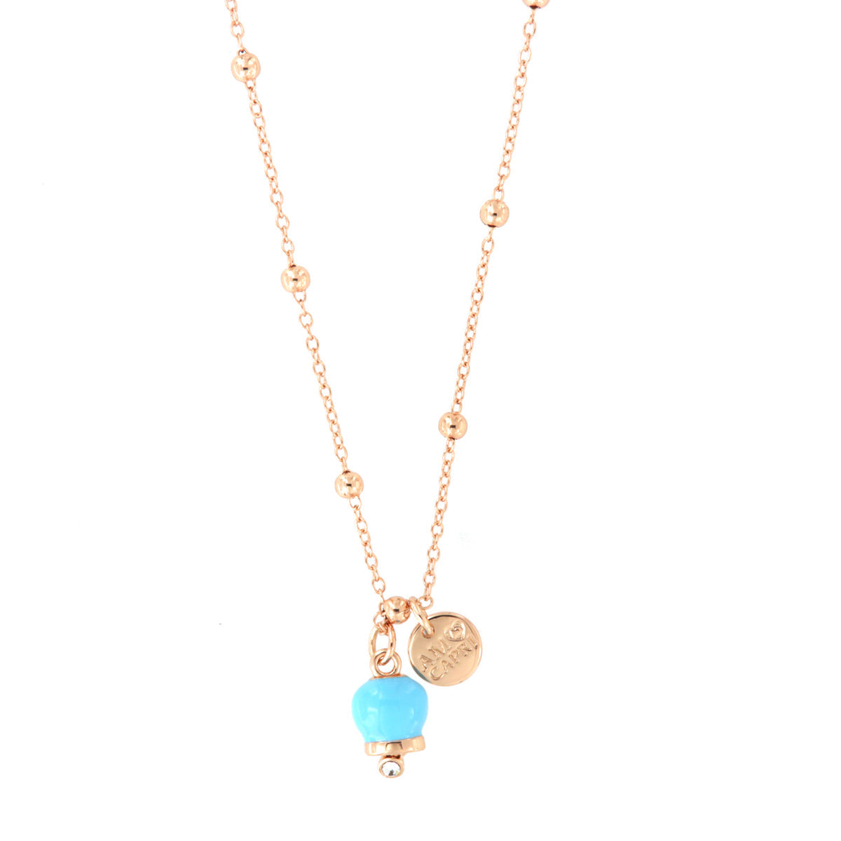 Metal necklace with pendant lucky charm, embellished with turquoise enamel and crystals