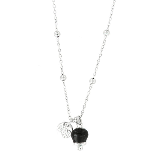 Metal necklace with pendant lucky charm, embellished with black enamel and crystals