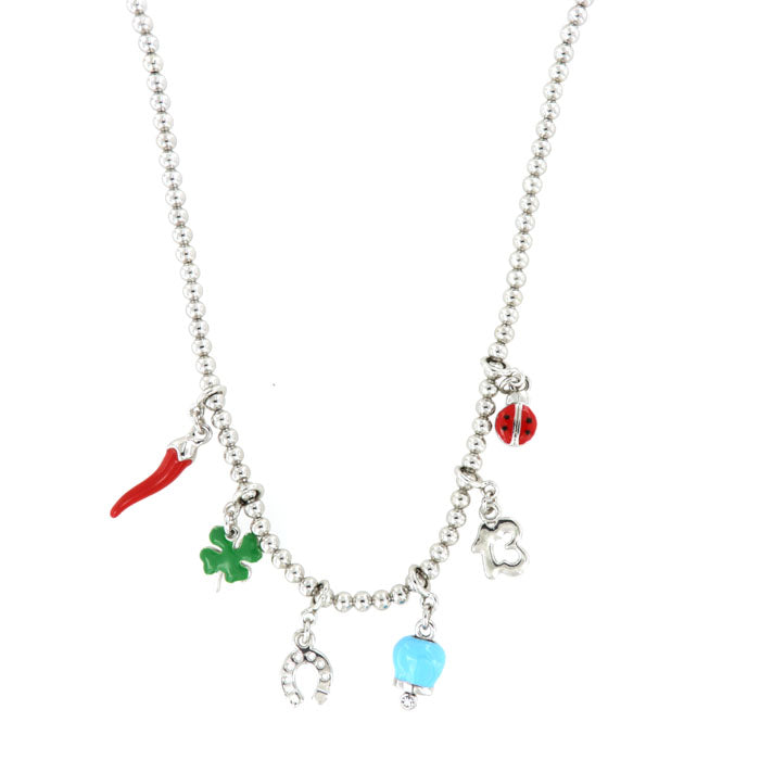 Metal necklace with Neapolitan horn -shaped pendants, four -leaf clover, ladybug, horseshoe, Capri bell, embellished with colored glazes