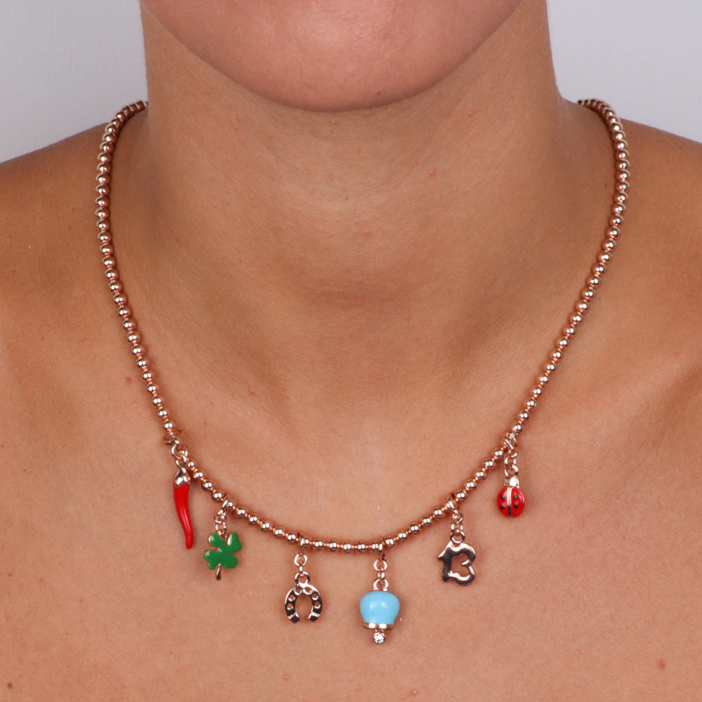 Metal necklace with Neapolitan horn, Quadrifoglio, Coccinella, Campana Capri