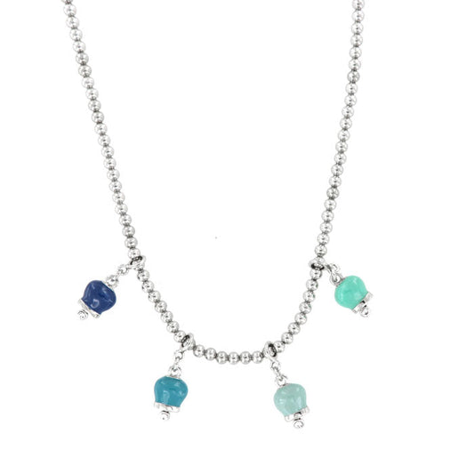 Metal necklace with four bells in the gradations of blue and white crystals