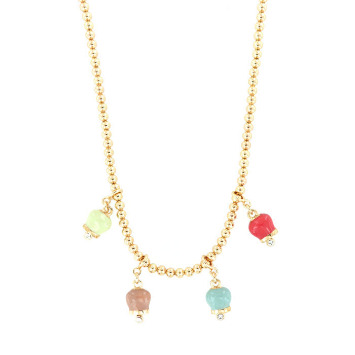 Metal necklace with four bells: blue, pink, green and fuchsia and white crystals