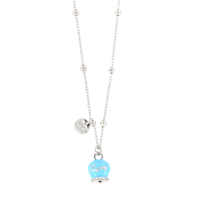 Metal necklace with a bouncing bille pendant embellished with turquoise enamel and crystals