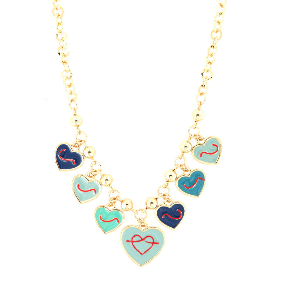 Metal necklace with pending hearts embellished with enamels in the shades of green and design red enamel wires