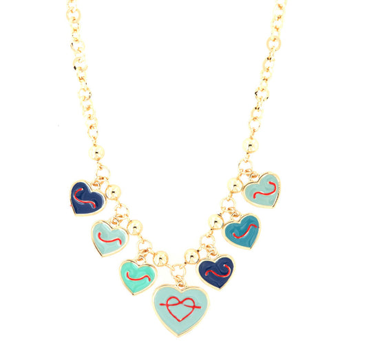 Metal necklace with pending hearts embellished with enamels in the shades of green and design red enamel wires