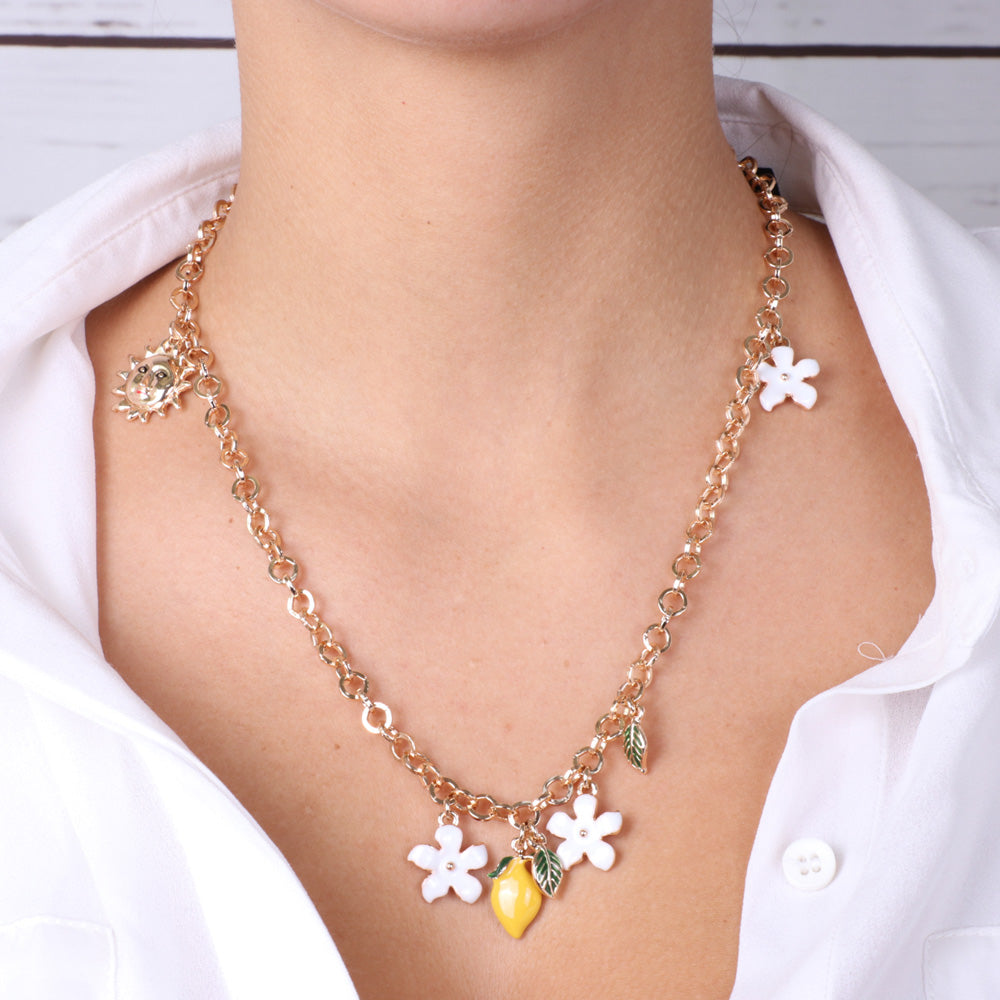 Rolò shirt metal necklace, with charms flowers and citrus fruits of Sicily, embellished with colored glazes