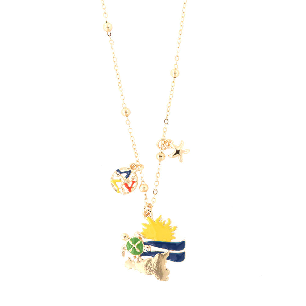Metal necklace with sun peeks, turtle and Sicily, embellished with colored enamels and Trinacria pendant