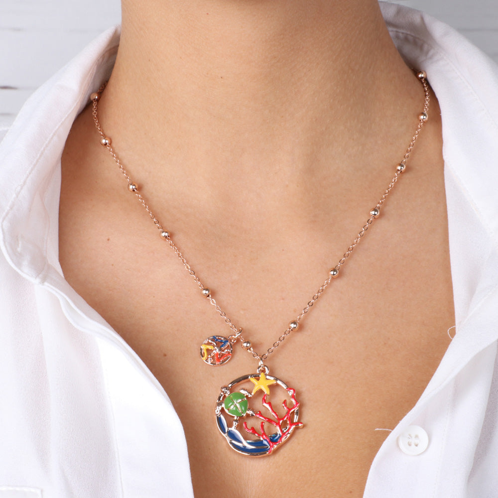 Metal necklace with marine -style design pendant, embellished with colored enamels and Sicilian Trinacria
