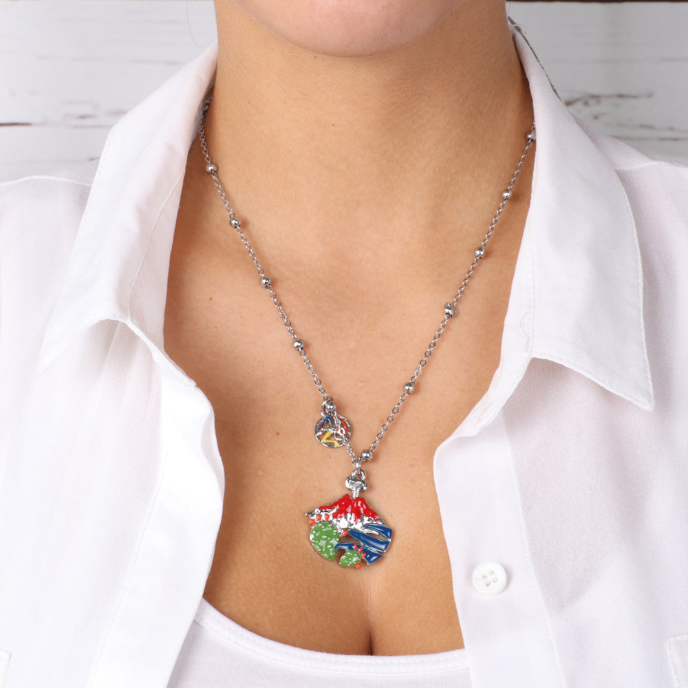 Metal necklace with Etna volcano pendant and prickly pears, embellished with colored glazes and Trinacria pendant