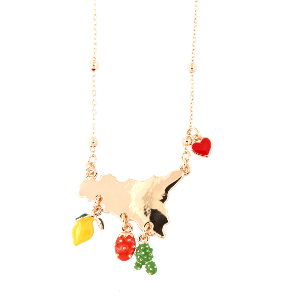 Metal necklace with pendant Sicily, lemon, prickly pear and heart