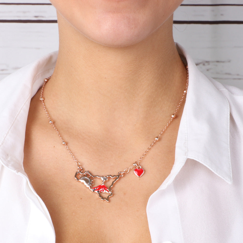 Metal necklace with Sicily pendant, embellished with Vulcano Etna design, in colored glazes