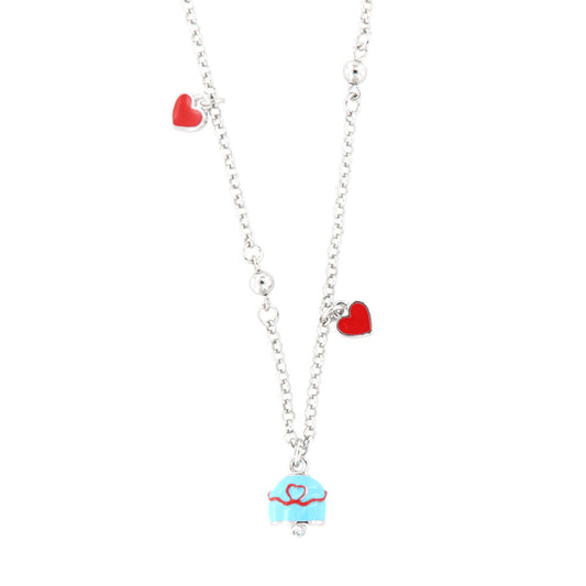 Metal necklace with blue bell and red thread heart