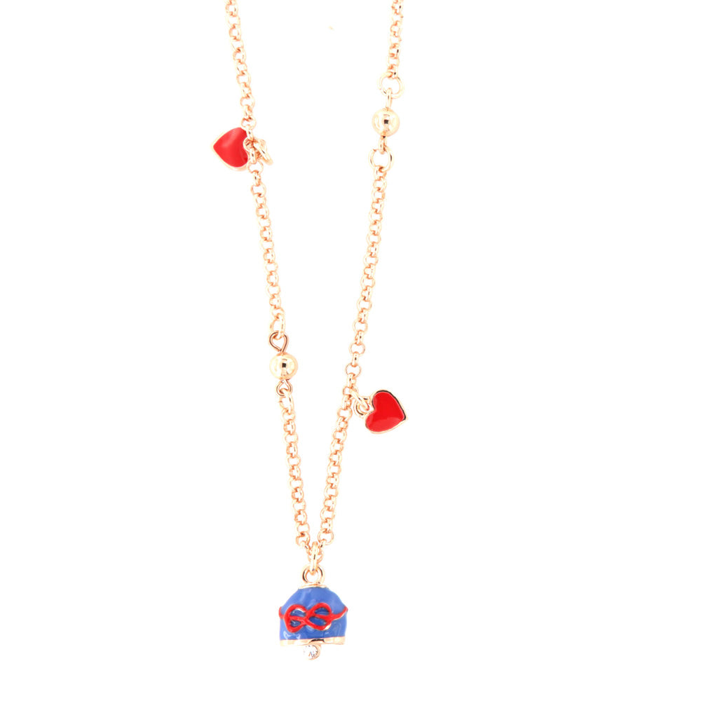 Metal necklace with blue bell and red thread bow and two red hearts