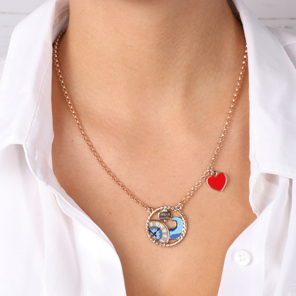 Metal necklace with medallion design clock, capri and lateral heart